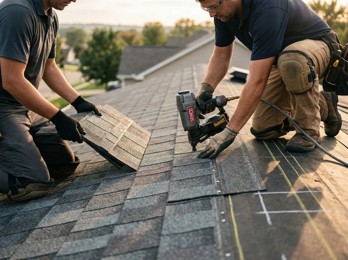 Professional roofer working on a residential roof in Sioux Falls